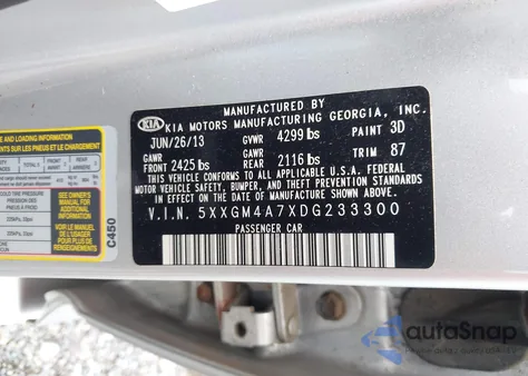 2013 Kia Optima Lx z USA, uszkodzony, nr VIN 5XXGM4A7XDG233300